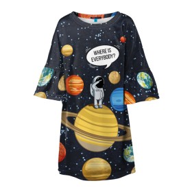 Детское платье 3D с принтом Where is Everybody? в Белгороде, 100% полиэстер | прямой силуэт, чуть расширенный к низу. Круглая горловина, на рукавах — воланы | Тематика изображения на принте: science | астронавт | астрономия | венера | земля | космонавт | космос | наука | научный | планеты | юпитер
