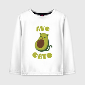 Детский лонгслив хлопок с принтом AvoCato в Белгороде, 100% хлопок | круглый вырез горловины, полуприлегающий силуэт, длина до линии бедер | Тематика изображения на принте: авокадо | авокадо кот | кот | кот авокадо | котейка | котик | кошечка