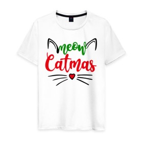 Мужская футболка хлопок с принтом Meow Catmas в Белгороде, 100% хлопок | прямой крой, круглый вырез горловины, длина до линии бедер, слегка спущенное плечо. | Тематика изображения на принте: 