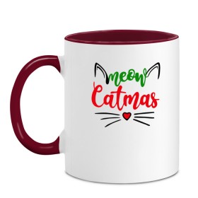 Кружка двухцветная с принтом Meow Catmas в Белгороде, керамика | объем — 330 мл, диаметр — 80 мм. Цветная ручка и кайма сверху, в некоторых цветах — вся внутренняя часть | 