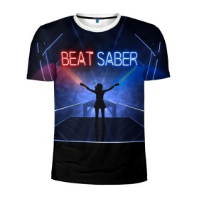 Мужская футболка 3D спортивная с принтом Beat Saber в Белгороде, 100% полиэстер с улучшенными характеристиками | приталенный силуэт, круглая горловина, широкие плечи, сужается к линии бедра | 3d | 3д | beat | saber | виртуальная | игра | реальность | ритм