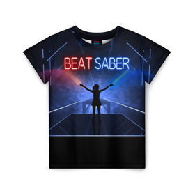 Детская футболка 3D с принтом Beat Saber в Белгороде, 100% гипоаллергенный полиэфир | прямой крой, круглый вырез горловины, длина до линии бедер, чуть спущенное плечо, ткань немного тянется | Тематика изображения на принте: 3d | 3д | beat | saber | виртуальная | игра | реальность | ритм