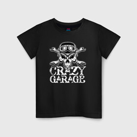 Детская футболка хлопок с принтом Crazy garage в Белгороде, 100% хлопок | круглый вырез горловины, полуприлегающий силуэт, длина до линии бедер | bones | garage | helmet | orbits | skull | teeth | wrench | гаечный ключ | гараж | глазницы | зубы | череп | шлем