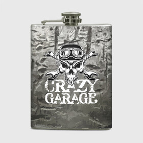 Фляга с принтом Crazy garage в Белгороде, металлический корпус | емкость 0,22 л, размер 125 х 94 мм. Виниловая наклейка запечатывается полностью | bones | garage | helmet | metal | orbits | skull | teeth | wrench | гаечный ключ | гараж | глазницы | зубы | металл | череп | шлем