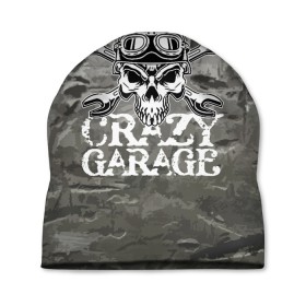 Шапка 3D с принтом Crazy garage в Белгороде, 100% полиэстер | универсальный размер, печать по всей поверхности изделия | Тематика изображения на принте: bones | garage | helmet | metal | orbits | skull | teeth | wrench | гаечный ключ | гараж | глазницы | зубы | металл | череп | шлем