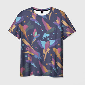 Мужская футболка 3D с принтом Райские попугаи в Белгороде, 100% полиэфир | прямой крой, круглый вырез горловины, длина до линии бедер | животное | животные | красочный принт | попугаи | попугай | природа | птица | птицы
