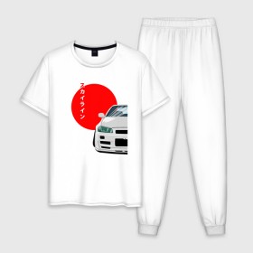 Мужская пижама хлопок с принтом Nissan Skyline R34 Gt-R в Белгороде, 100% хлопок | брюки и футболка прямого кроя, без карманов, на брюках мягкая резинка на поясе и по низу штанин
 | гонка | дрифт. nissan skyline | пушка | скайлайн | тюнинг | японские машины