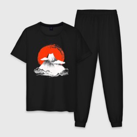 Мужская пижама хлопок с принтом Гора Фудзияма в Белгороде, 100% хлопок | брюки и футболка прямого кроя, без карманов, на брюках мягкая резинка на поясе и по низу штанин
 | japan | japanese | акварель | восходящие солнце | гора | закат | искуство | красками | краски | красное | на груди | облака | облако | пейзаж | склон | солнце | солнышко | спереди | туристическая | фудзияма