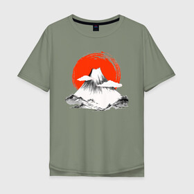 Мужская футболка хлопок Oversize с принтом Гора Фудзияма в Белгороде, 100% хлопок | свободный крой, круглый ворот, “спинка” длиннее передней части | japan | japanese | акварель | восходящие солнце | гора | закат | искуство | красками | краски | красное | на груди | облака | облако | пейзаж | склон | солнце | солнышко | спереди | туристическая | фудзияма