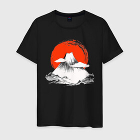 Мужская футболка хлопок с принтом Гора Фудзияма в Белгороде, 100% хлопок | прямой крой, круглый вырез горловины, длина до линии бедер, слегка спущенное плечо. | Тематика изображения на принте: japan | japanese | акварель | восходящие солнце | гора | закат | искуство | красками | краски | красное | на груди | облака | облако | пейзаж | склон | солнце | солнышко | спереди | туристическая | фудзияма