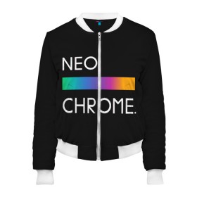 Женский бомбер 3D с принтом NEO CHROME в Белгороде, 100% полиэстер | застегивается на молнию, по бокам два кармана без застежек, мягкие манжеты, по низу бомбера и на воротнике — эластичная резинка | Тематика изображения на принте: rgb | контрастный | круг | металл | мудрость | мысль | надпись | палитра | радуга | радужный | символ | сфера | текст | фраза | цветной | яркий