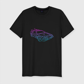 Мужская футболка хлопок Slim с принтом DeLorean gradient  в Белгороде, 92% хлопок, 8% лайкра | приталенный силуэт, круглый вырез ворота, длина до линии бедра, короткий рукав | автомобиль | арт | градиент | машина | неон | силуэт | тачка | фильм | цвета