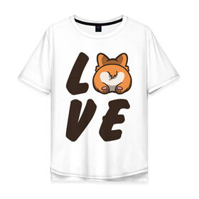 Мужская футболка хлопок Oversize с принтом Love Corgi в Белгороде, 100% хлопок | свободный крой, круглый ворот, “спинка” длиннее передней части | Тематика изображения на принте: corgi | корги