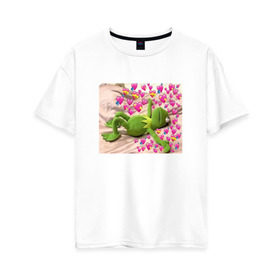 Женская футболка хлопок Oversize с принтом Кермит и сердечки в Белгороде, 100% хлопок | свободный крой, круглый ворот, спущенный рукав, длина до линии бедер
 | интернет мем | кермит | любовь | мем | персонаж | прикол | сердечки | сердца | улица сезам