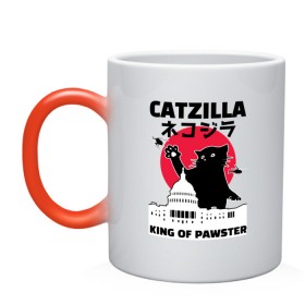 Кружка хамелеон с принтом Catzilla King of Pawster в Белгороде, керамика | меняет цвет при нагревании, емкость 330 мл | cat | catzilla | kitty | paw | pawster | годзилла | кот | котики | коты | кошки | пародия