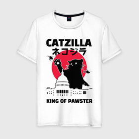 Мужская футболка хлопок с принтом Catzilla King of Pawster в Белгороде, 100% хлопок | прямой крой, круглый вырез горловины, длина до линии бедер, слегка спущенное плечо. | Тематика изображения на принте: cat | catzilla | kitty | paw | pawster | годзилла | кот | котики | коты | кошки | пародия