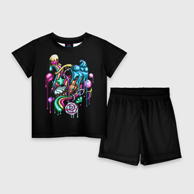 Детский костюм с шортами 3D с принтом Сладкий принт в Белгороде,  |  | граффити | дизайн | конфеты | красивый | красочный | крутая футболка | молодежный | мороженное | мультик | мультяшный | реп | розовый | сладкий | сладкое | стильный | хип хоп | цветной | яркий