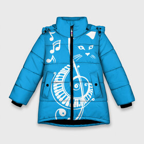 Зимняя куртка для девочек 3D с принтом Котик Меломан голубой в Белгороде, ткань верха — 100% полиэстер; подклад — 100% полиэстер, утеплитель — 100% полиэстер. | длина ниже бедра, удлиненная спинка, воротник стойка и отстегивающийся капюшон. Есть боковые карманы с листочкой на кнопках, утяжки по низу изделия и внутренний карман на молнии. 

Предусмотрены светоотражающий принт на спинке, радужный светоотражающий элемент на пуллере молнии и на резинке для утяжки. | blue | cat | music | musical | white | белый | день | игроман | кот | котик | котиков | котиком | котов | кошек | кошка | меломан | музыка | музыкальный | ноты | с белым | с котом | с нотами | студент | студента | фон