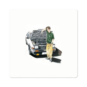 Магнит виниловый Квадрат с принтом Initial D Takumi & Toyota AE 86 в Белгороде, полимерный материал с магнитным слоем | размер 9*9 см, закругленные углы | ae 86 | anime | car | fujiwara | initial d | japan | jdm | levin | stance | takumi | toyota | trueno | автомобили | аниме | гонки | инициал д | такуми