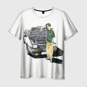 Мужская футболка 3D с принтом Initial D Takumi & Toyota AE 86 в Белгороде, 100% полиэфир | прямой крой, круглый вырез горловины, длина до линии бедер | ae 86 | anime | car | fujiwara | initial d | japan | jdm | levin | stance | takumi | toyota | trueno | автомобили | аниме | гонки | инициал д | такуми
