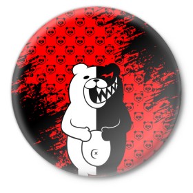 Значок с принтом MONOKUMA. в Белгороде,  металл | круглая форма, металлическая застежка в виде булавки | Тематика изображения на принте: anime | bear | black  white | danganronpa | kurokuma | monodam | monokuma | monomi | monotaro | pink | rabbit | school | shirokuma | аниме | главарь | мoноми | монокума | черно белый | школа