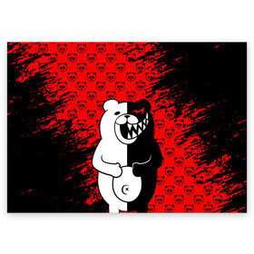 Поздравительная открытка с принтом MONOKUMA. в Белгороде, 100% бумага | плотность бумаги 280 г/м2, матовая, на обратной стороне линовка и место для марки
 | anime | bear | black  white | danganronpa | kurokuma | monodam | monokuma | monomi | monotaro | pink | rabbit | school | shirokuma | аниме | главарь | мoноми | монокума | черно белый | школа