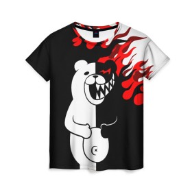 Женская футболка 3D с принтом MONOKUMA. в Белгороде, 100% полиэфир ( синтетическое хлопкоподобное полотно) | прямой крой, круглый вырез горловины, длина до линии бедер | anime | bear | black  white | danganronpa | kurokuma | monodam | monokuma | monomi | monotaro | pink | rabbit | school | shirokuma | аниме | главарь | мoноми | монокума | черно белый | школа