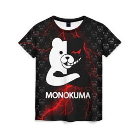 Женская футболка 3D с принтом MONOKUMA. в Белгороде, 100% полиэфир ( синтетическое хлопкоподобное полотно) | прямой крой, круглый вырез горловины, длина до линии бедер | anime | bear | black  white | danganronpa | kurokuma | monodam | monokuma | monomi | monotaro | pink | rabbit | school | shirokuma | аниме | главарь | мoноми | монокума | черно белый | школа