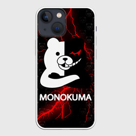 Чехол для iPhone 13 mini с принтом Монокума с красной молнией в Белгороде,  |  | anime | bear | black  white | danganronpa | kurokuma | monodam | monokuma | monomi | monotaro | pink | rabbit | school | shirokuma | аниме | главарь | мoноми | монокума | черно белый | школа