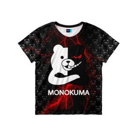 Детская футболка 3D с принтом MONOKUMA. в Белгороде, 100% гипоаллергенный полиэфир | прямой крой, круглый вырез горловины, длина до линии бедер, чуть спущенное плечо, ткань немного тянется | Тематика изображения на принте: anime | bear | black  white | danganronpa | kurokuma | monodam | monokuma | monomi | monotaro | pink | rabbit | school | shirokuma | аниме | главарь | мoноми | монокума | черно белый | школа
