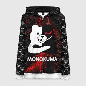 Женская толстовка 3D на молнии с принтом MONOKUMA. в Белгороде, 100% полиэстер | длина до линии бедра, манжеты и пояс оформлены мягкой тканевой резинкой, двухслойный капюшон со шнурком для регулировки, спереди молния, по бокам два кармана | anime | bear | black  white | danganronpa | kurokuma | monodam | monokuma | monomi | monotaro | pink | rabbit | school | shirokuma | аниме | главарь | мoноми | монокума | черно белый | школа