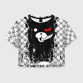 Женская футболка Crop-top 3D с принтом MONOKUMA. в Белгороде, 100% полиэстер | круглая горловина, длина футболки до линии талии, рукава с отворотами | Тематика изображения на принте: anime | bear | black  white | danganronpa | kurokuma | monodam | monokuma | monomi | monotaro | pink | rabbit | school | shirokuma | аниме | главарь | мoноми | монокума | черно белый | школа