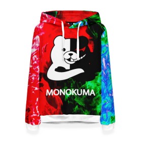Женская толстовка 3D с принтом MONOKUMA. в Белгороде, 100% полиэстер  | двухслойный капюшон со шнурком для регулировки, мягкие манжеты на рукавах и по низу толстовки, спереди карман-кенгуру с мягким внутренним слоем. | anime | bear | black  white | danganronpa | kurokuma | monodam | monokuma | monomi | monotaro | pink | rabbit | school | shirokuma | аниме | главарь | мoноми | монокума | черно белый | школа