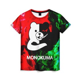 Женская футболка 3D с принтом MONOKUMA. в Белгороде, 100% полиэфир ( синтетическое хлопкоподобное полотно) | прямой крой, круглый вырез горловины, длина до линии бедер | anime | bear | black  white | danganronpa | kurokuma | monodam | monokuma | monomi | monotaro | pink | rabbit | school | shirokuma | аниме | главарь | мoноми | монокума | черно белый | школа