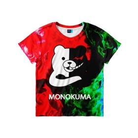 Детская футболка 3D с принтом MONOKUMA. в Белгороде, 100% гипоаллергенный полиэфир | прямой крой, круглый вырез горловины, длина до линии бедер, чуть спущенное плечо, ткань немного тянется | anime | bear | black  white | danganronpa | kurokuma | monodam | monokuma | monomi | monotaro | pink | rabbit | school | shirokuma | аниме | главарь | мoноми | монокума | черно белый | школа