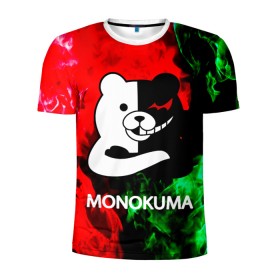 Мужская футболка 3D спортивная с принтом MONOKUMA. в Белгороде, 100% полиэстер с улучшенными характеристиками | приталенный силуэт, круглая горловина, широкие плечи, сужается к линии бедра | Тематика изображения на принте: anime | bear | black  white | danganronpa | kurokuma | monodam | monokuma | monomi | monotaro | pink | rabbit | school | shirokuma | аниме | главарь | мoноми | монокума | черно белый | школа