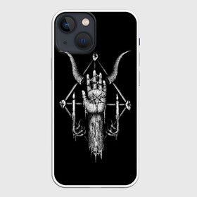 Чехол для iPhone 13 mini с принтом Анархия в Белгороде,  |  | анархия | зло | пентаграмма | рога | рука | свечки | тьма | черно белое