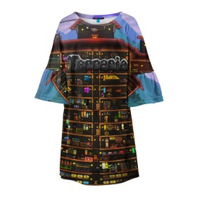 Детское платье 3D с принтом TERRARIA в Белгороде, 100% полиэстер | прямой силуэт, чуть расширенный к низу. Круглая горловина, на рукавах — воланы | Тематика изображения на принте: game | pixel | terraria | игра | пиксель | террариа