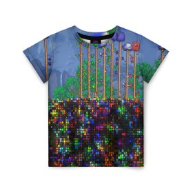 Детская футболка 3D с принтом TERRARIA в Белгороде, 100% гипоаллергенный полиэфир | прямой крой, круглый вырез горловины, длина до линии бедер, чуть спущенное плечо, ткань немного тянется | game | pixel | terraria | игра | пиксель | террариа