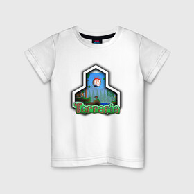 Детская футболка хлопок с принтом Terraria в Белгороде, 100% хлопок | круглый вырез горловины, полуприлегающий силуэт, длина до линии бедер | game | logo | teraria | terraria | игра | инди игра | логотип | надпись | терария | террария