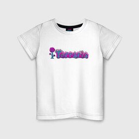 Детская футболка хлопок с принтом Terraria в Белгороде, 100% хлопок | круглый вырез горловины, полуприлегающий силуэт, длина до линии бедер | game | logo | teraria | terraria | игра | инди игра | логотип | надпись | терария | террария