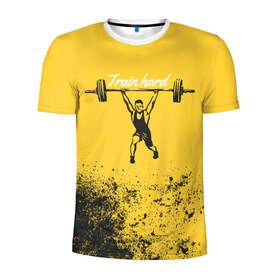 Мужская футболка 3D спортивная с принтом Train hard в Белгороде, 100% полиэстер с улучшенными характеристиками | приталенный силуэт, круглая горловина, широкие плечи, сужается к линии бедра | lifting | wheight lifting | wheightlifting | тяжелая атлетика | штанга | штангист