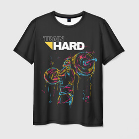 Мужская футболка 3D с принтом Train hard в Белгороде, 100% полиэфир | прямой крой, круглый вырез горловины, длина до линии бедер | lifting | wheight lifting | wheightlifting | тяжелая атлетика | штанга | штангист