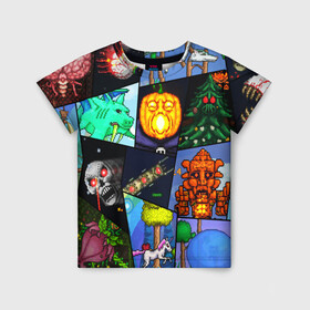 Детская футболка 3D с принтом Terraria allpic в Белгороде, 100% гипоаллергенный полиэфир | прямой крой, круглый вырез горловины, длина до линии бедер, чуть спущенное плечо, ткань немного тянется | game | pixel | terraria | игра | пиксель | террариа