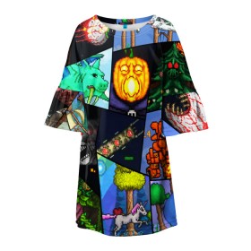 Детское платье 3D с принтом Terraria allpic в Белгороде, 100% полиэстер | прямой силуэт, чуть расширенный к низу. Круглая горловина, на рукавах — воланы | Тематика изображения на принте: game | pixel | terraria | игра | пиксель | террариа