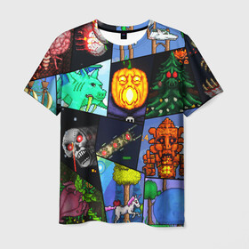 Мужская футболка 3D с принтом Terraria allpic в Белгороде, 100% полиэфир | прямой крой, круглый вырез горловины, длина до линии бедер | Тематика изображения на принте: game | pixel | terraria | игра | пиксель | террариа
