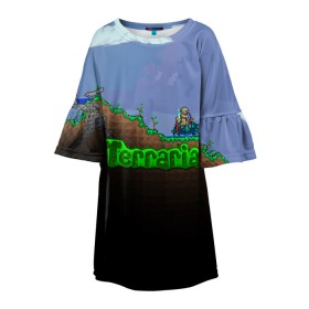Детское платье 3D с принтом terraria game в Белгороде, 100% полиэстер | прямой силуэт, чуть расширенный к низу. Круглая горловина, на рукавах — воланы | Тематика изображения на принте: game | pixel | terraria | игра | пиксель | террариа