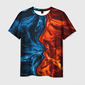 Мужская футболка 3D с принтом Огонь и вода в Белгороде, 100% полиэфир | прямой крой, круглый вырез горловины, длина до линии бедер | fire | texture | абстракция | граффити | краски | лед | линии | огонь | огонь и лед | текстура | уличный стиль | яркая
