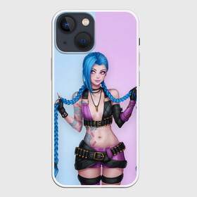 Чехол для iPhone 13 mini с принтом League of Legends Jinx в Белгороде,  |  | Тематика изображения на принте: art | braids | cartridges | character | game | girl | jinx | league of legends | lol | pigtails | tattoo | арт | девушка | джинкс | игра | косички | косы | лига легенд | лол | патроны | персонаж | тату