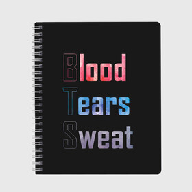 Тетрадь с принтом Blood Tears Sweat в Белгороде, 100% бумага | 48 листов, плотность листов — 60 г/м2, плотность картонной обложки — 250 г/м2. Листы скреплены сбоку удобной пружинной спиралью. Уголки страниц и обложки скругленные. Цвет линий — светло-серый
 | bangtan | bighit | boy | fake love | j hope | jimin | jin | jungkook | korea | kpop | live | luv | mic drop | rm | suga | v | with | бтс | кей | поп